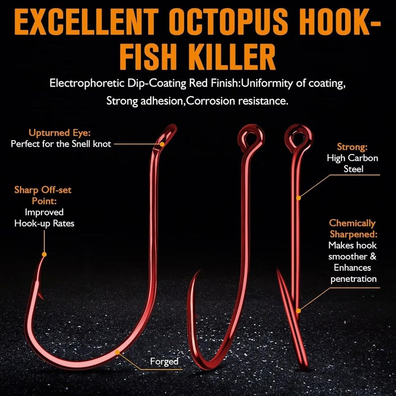 Dovesun Octopus Hooks Fishing Hooks 50-100PCS Black Red Octopus Hooks for Saltwater Freshwater #10-8/0 - Image 4
